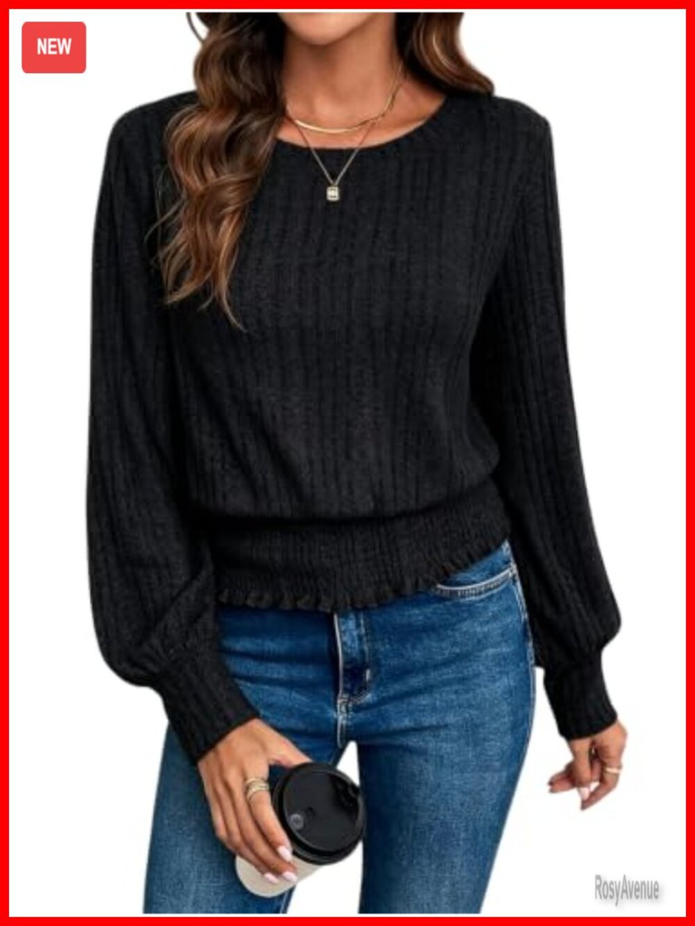 Womens Smocked Waist Long Sleeve Tunic Sweater Banded Hem Top